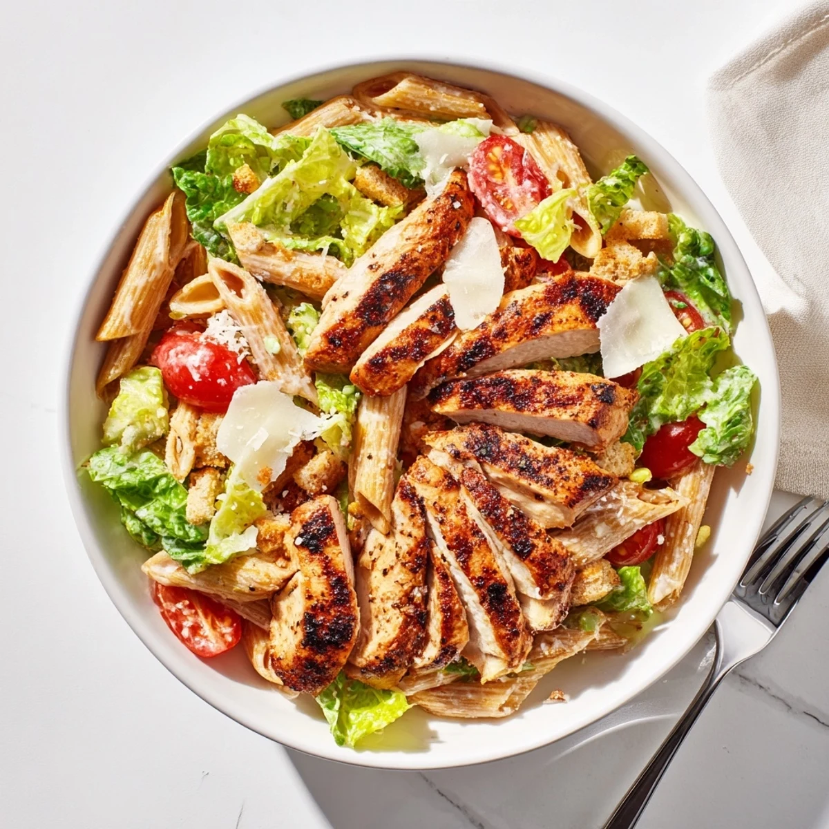 Grilled spicy chicken slices rest on creamy Caesar-coated penne, topped with fresh romaine and cherry tomatoes.