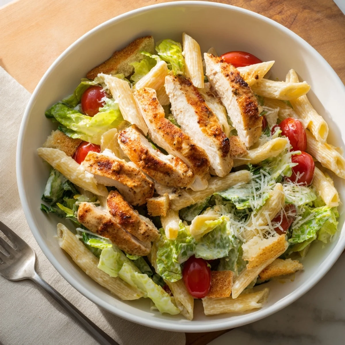 A vibrant bowl of Spicy Chicken Caesar Pasta garnished with parsley, croutons, and grated Parmesan cheese.