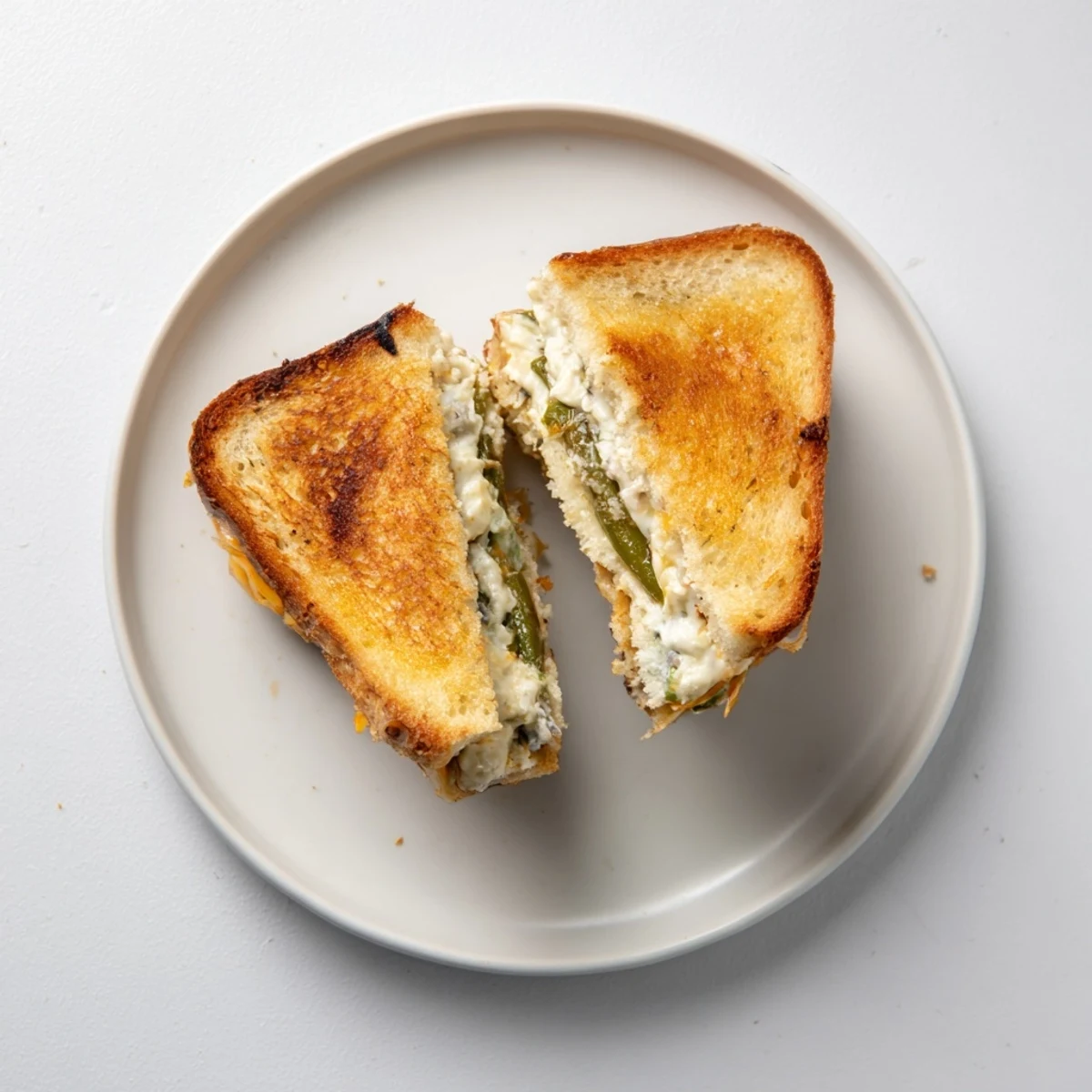 A close-up of jalapeño popper grilled cheese, its crispy crust revealing pockets of spicy, molten cheese filling.