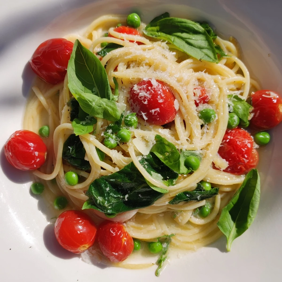 A close-up of Spring Veggie One-Pot Spaghetti in a skillet, featuring vibrant peas, spinach, and halved cherry tomatoes simmered with al dente pasta and topped with fresh basil.  