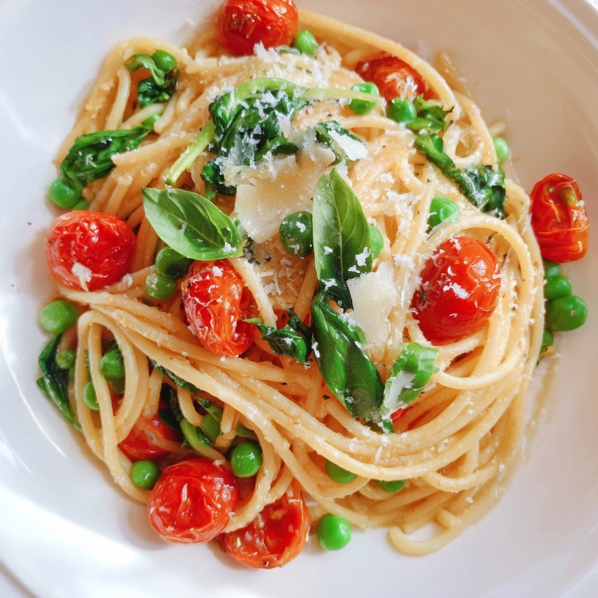 Spring Veggie One-Pot Spaghetti served in a rustic bowl, garnished with grated Parmesan and lemon zest, offering a fresh Italian-inspired vegetarian meal.