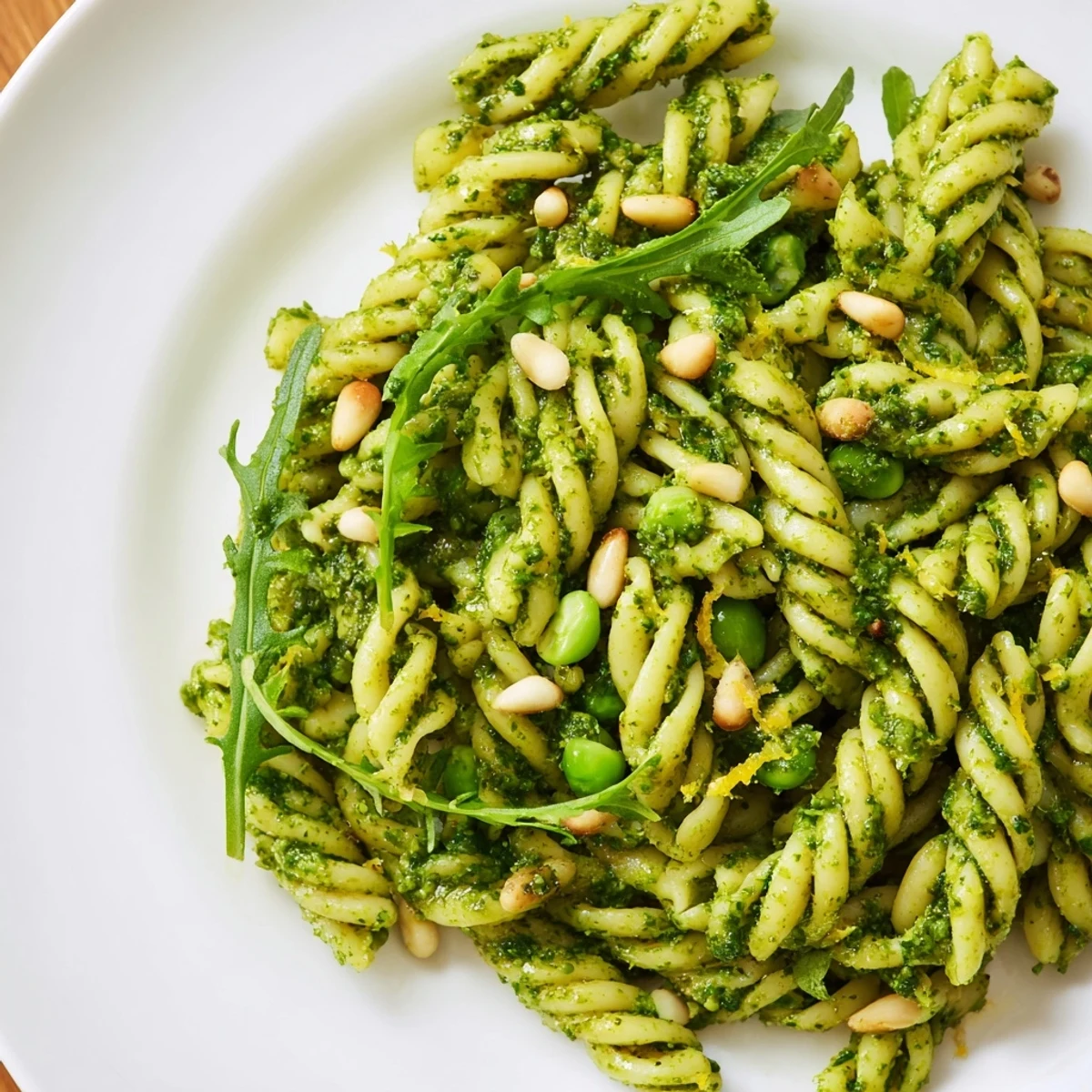 A vibrant Spring Green Pesto Pasta Salad served chilled in a white bowl, featuring colorful fusilli, peas, and arugula garnished with toasted pine nuts.