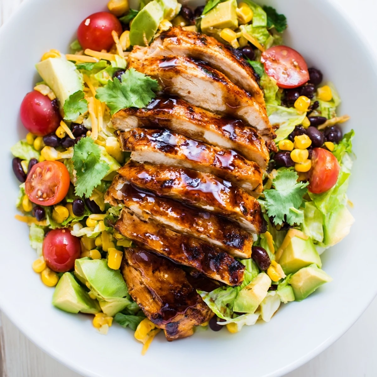 Close-up of grilled Honey Lime Chicken Taco Salad with chopped romaine, black beans, corn, and avocado slices.  