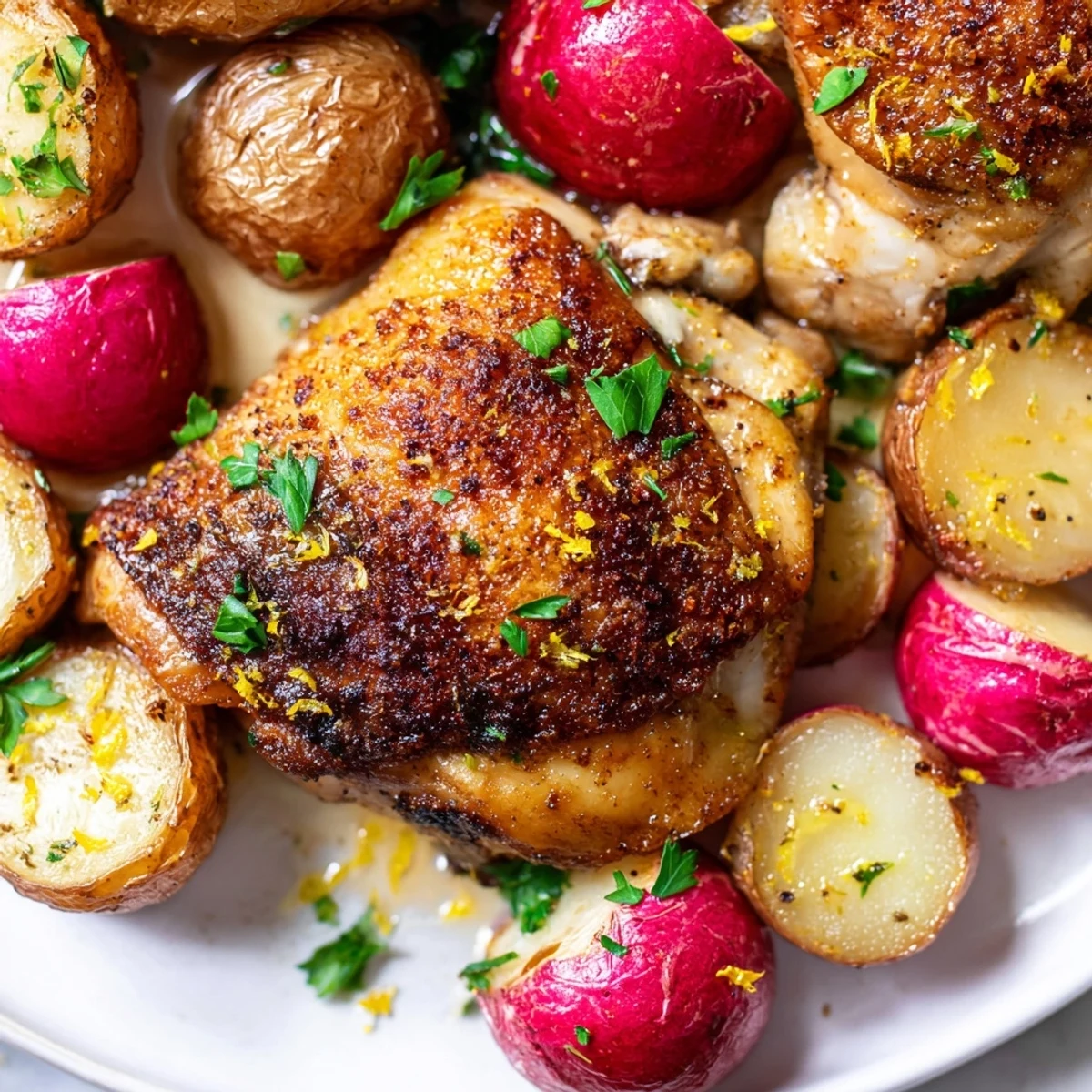 Juicy roasted radishes and golden chicken thighs on a sheet pan, served with caramelized potatoes and a zesty lemon finish.