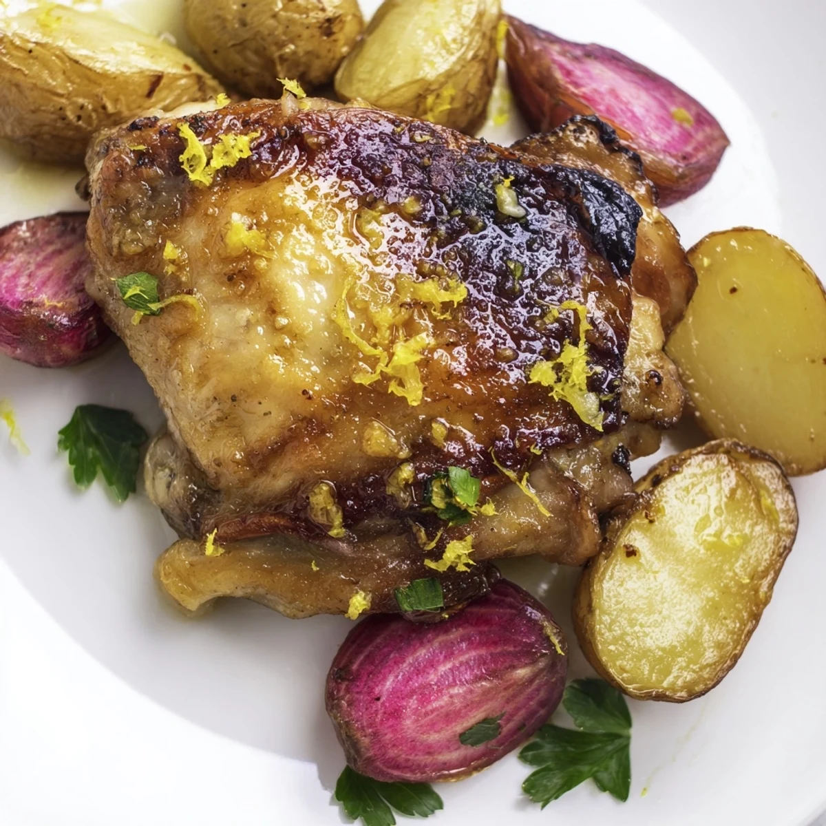 Easy sheet pan dinner featuring caramelized potatoes, tender roasted radishes, and crispy chicken thighs, drizzled with lemon for extra zing.
