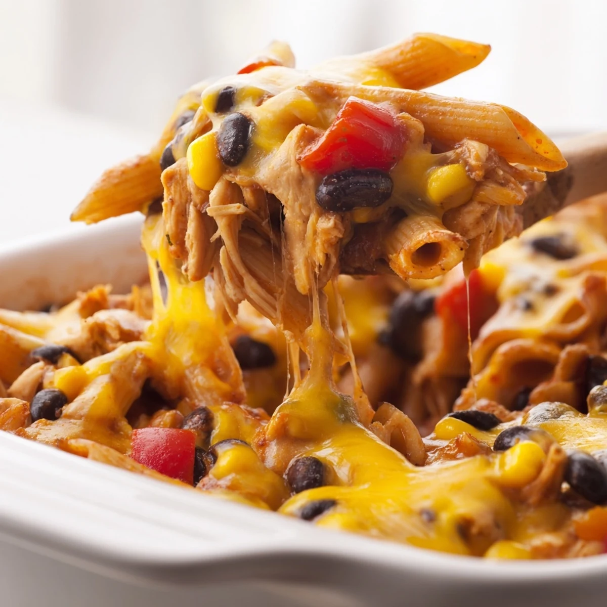 Golden, bubbly cheese blankets a hearty Chicken Burrito Pasta Bake, filled with penne, chicken, and black beans.  
