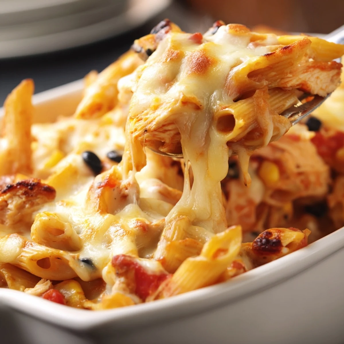 A freshly baked Chicken Burrito Pasta Bake, garnished with cilantro and jalapeños on a rustic kitchen table.  