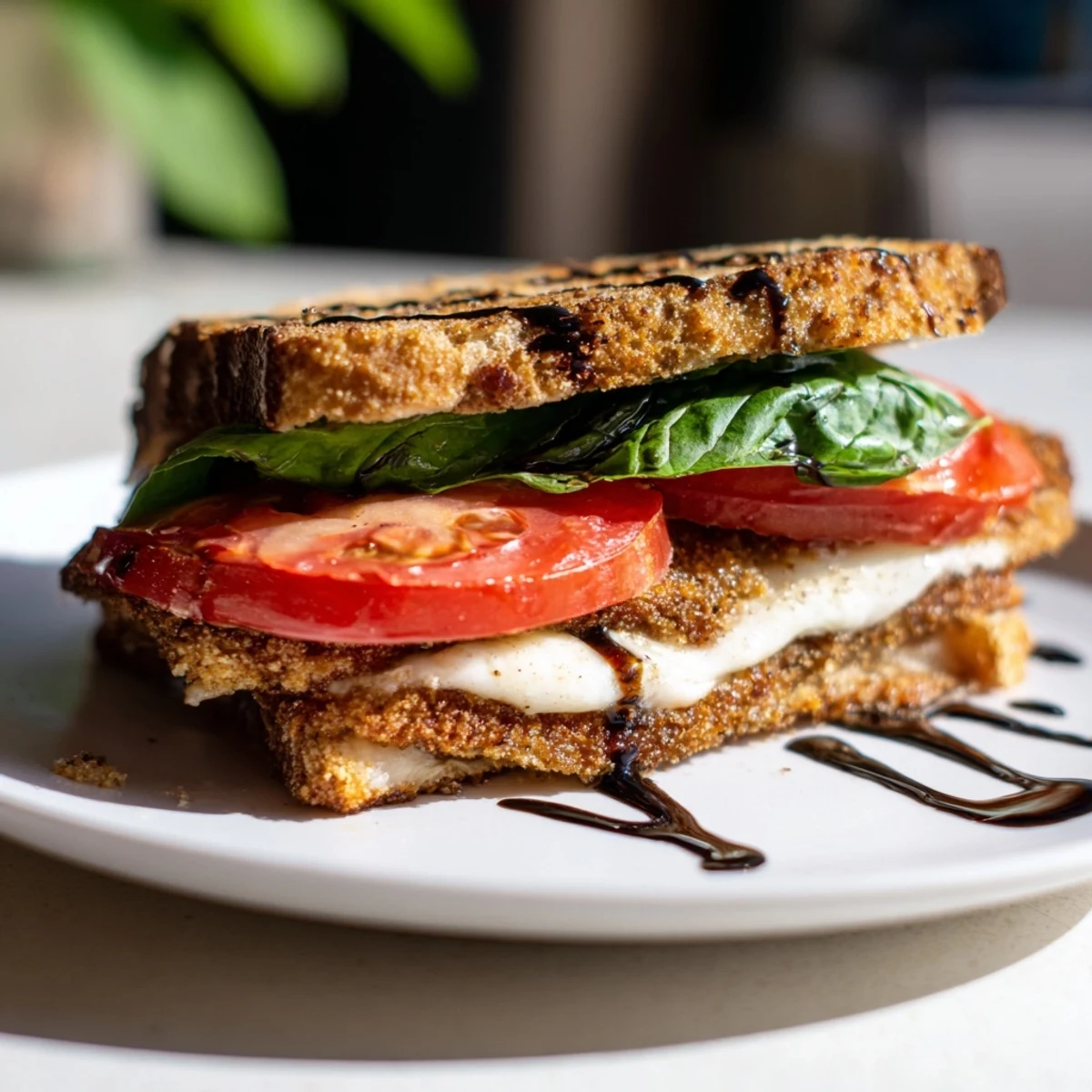 Golden breaded chicken cutlets with melted mozzarella are stacked on toasted ciabatta, ready for the Crispy Chicken Caprese Sandwich.
