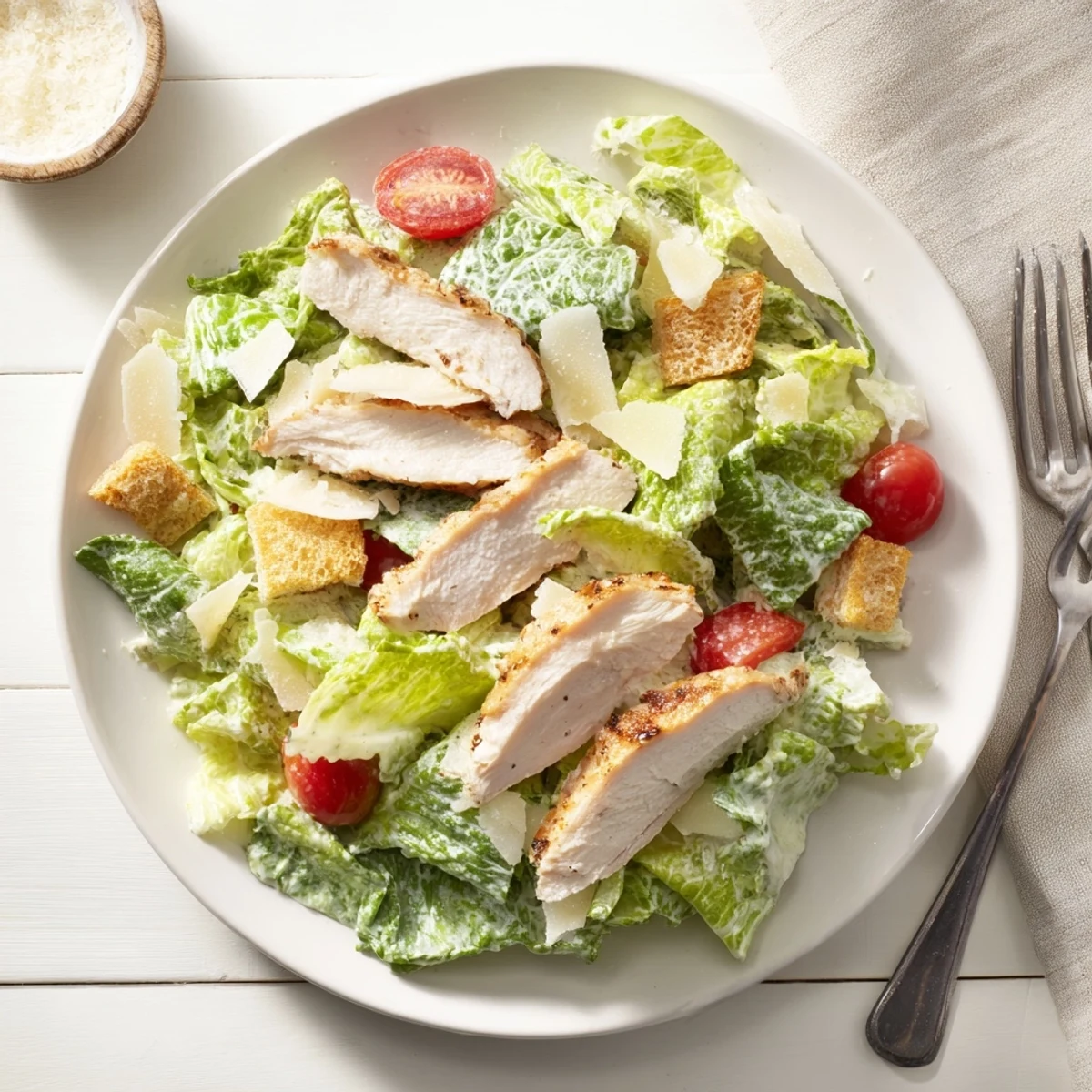 Freshly grilled chicken strips layered over crisp romaine lettuce in a vibrant Yogurt Caesar Grilled Chicken Salad, ready to serve.