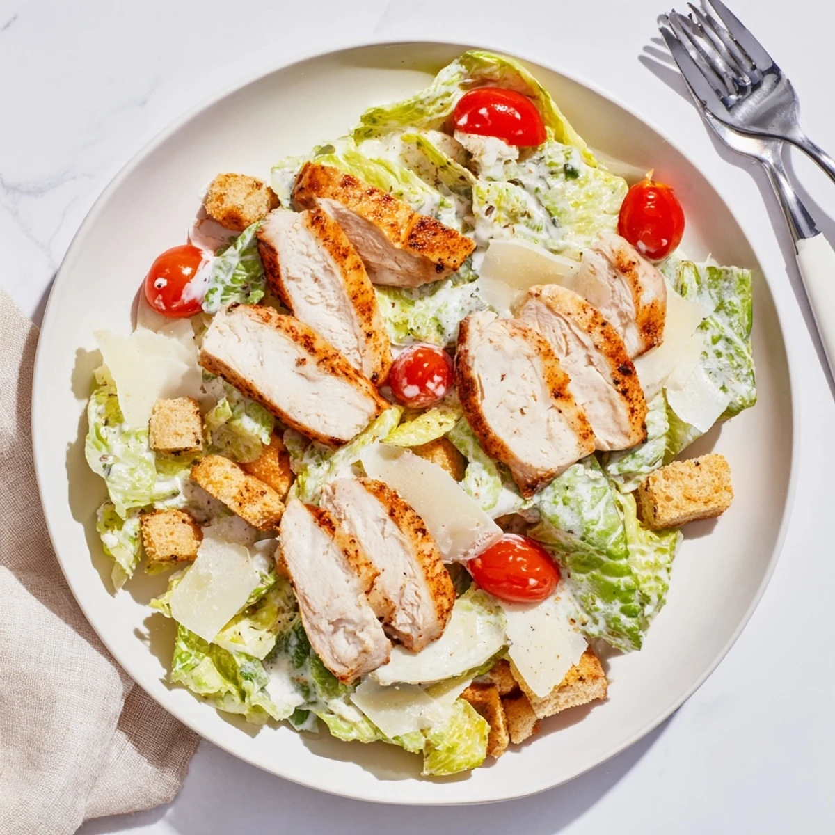 Chopped romaine lettuce, halved cherry tomatoes, and croutons topped with shaved Parmesan and juicy grilled chicken in a colorful Yogurt Caesar Grilled Chicken Salad.
