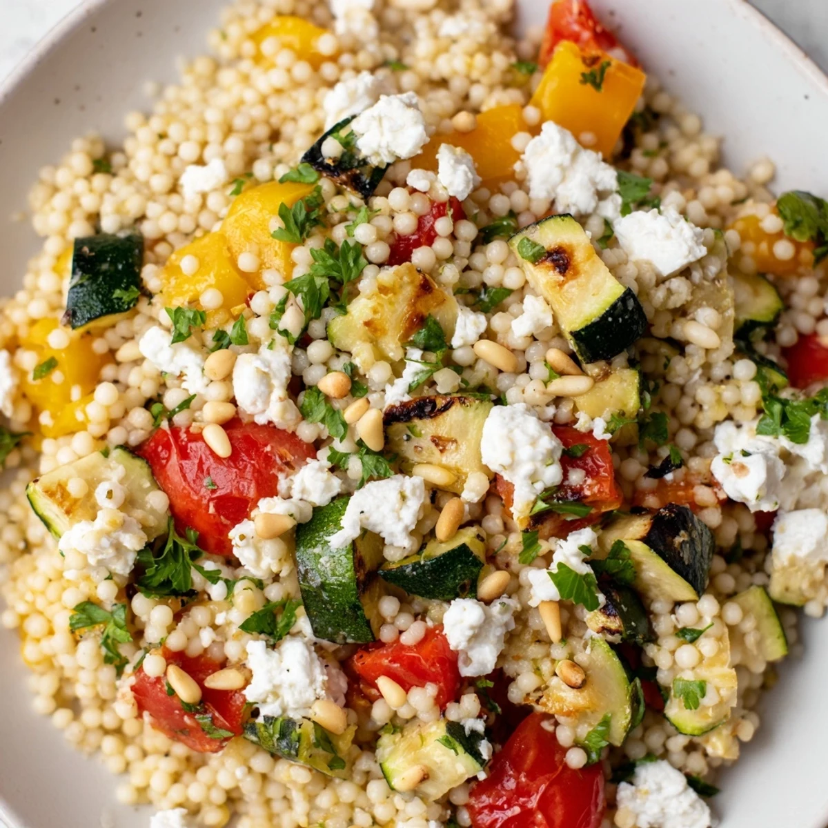 A bowl of Roasted Veggie Couscous Salad, featuring colorful roasted vegetables, fluffy couscous, and a bright lemon-herb dressing.  
