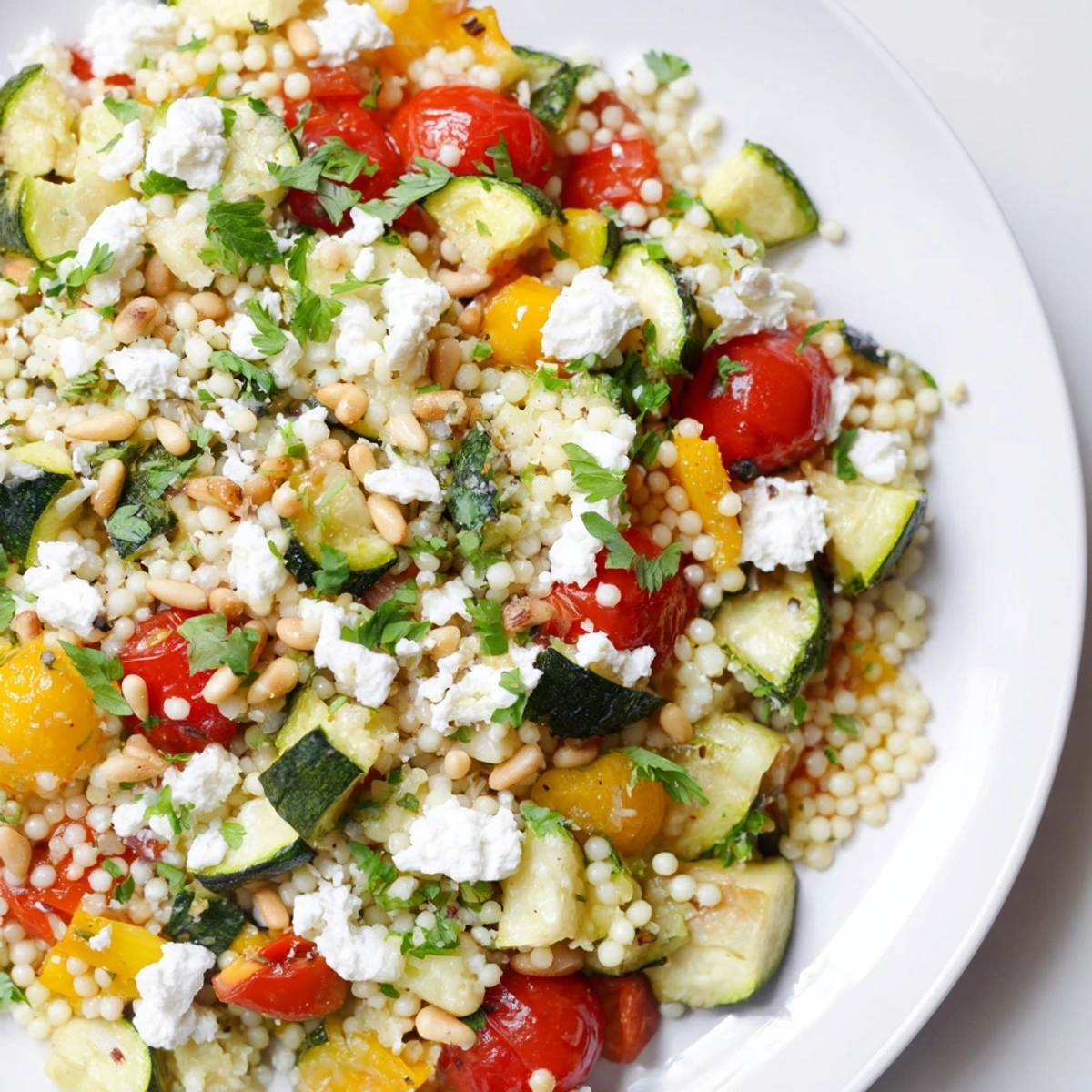 Vibrant Roasted Veggie Couscous Salad topped with crumbled feta, fresh mint, and toasted pine nuts served warm.  