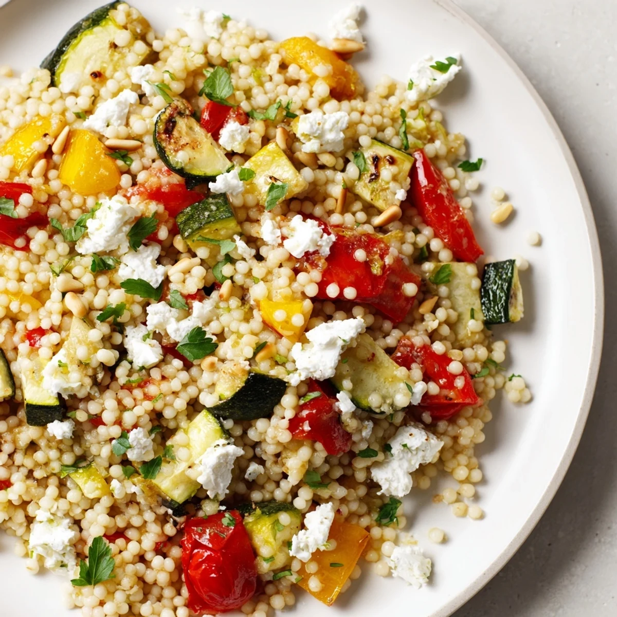 Roasted Veggie Couscous Salad with caramelized zucchini, bell peppers, and cherry tomatoes tossed in zesty lemon dressing.