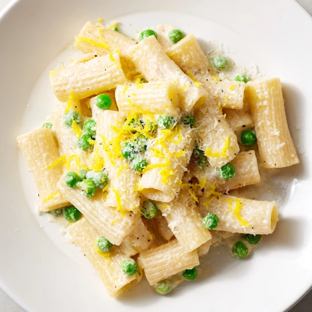 A close-up of pea and lemon ricotta pasta showing vibrant green peas and creamy ricotta sauce clinging to al dente rigatoni.