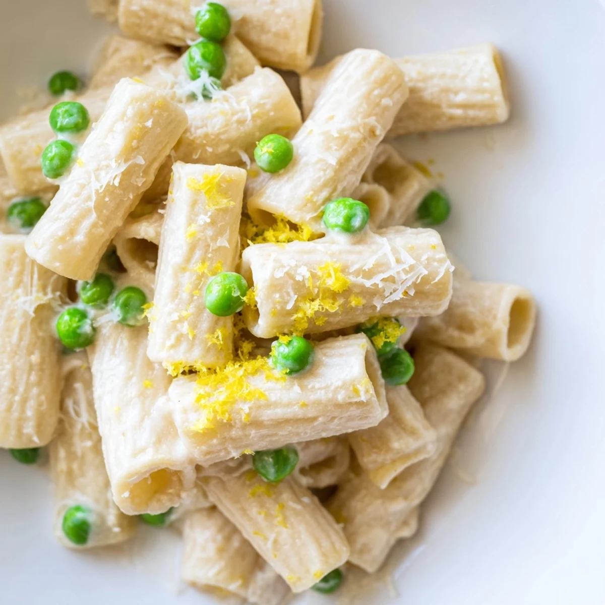 A serving of pea and lemon ricotta pasta topped with fresh basil, lemon zest, and grated Parmesan on a rustic table.
