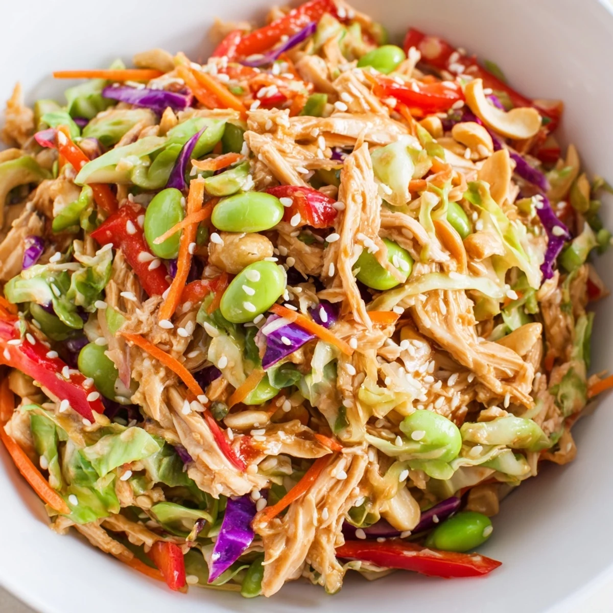 Freshly tossed Edamame Crunch Chicken Salad with shredded chicken, crisp cabbage, and vibrant carrots in a zesty ginger dressing.