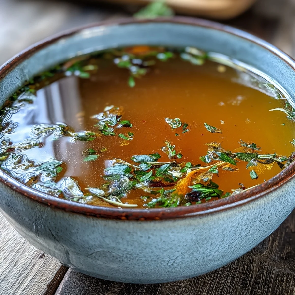 Homemade vegetable broth from scraps simmers in a large pot with bay leaves and peppercorns