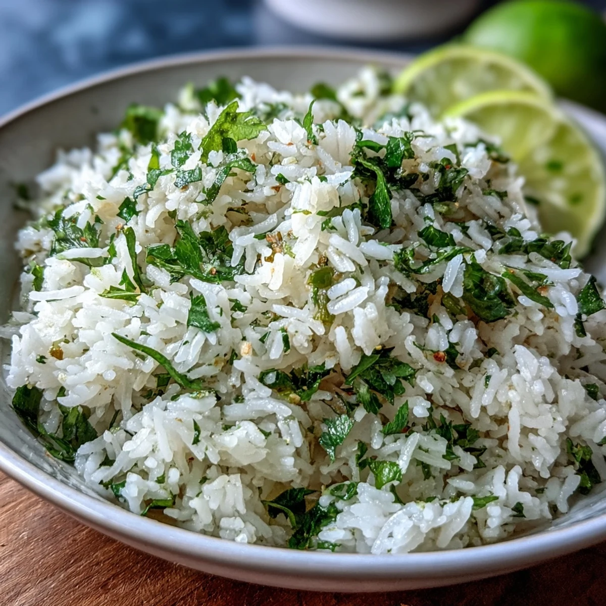 Steamed fluffy Cilantro Lime Rice with fresh chopped cilantro and zesty lime juice garnish on a plate.