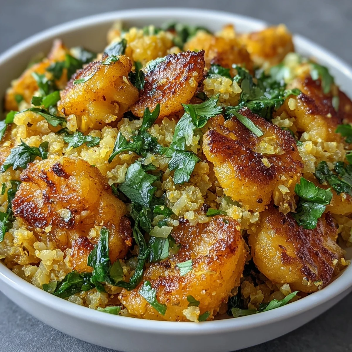 Golden turmeric cauliflower rice sizzling in a skillet with fragrant garlic and onion, finished with fresh cilantro and lemon.
