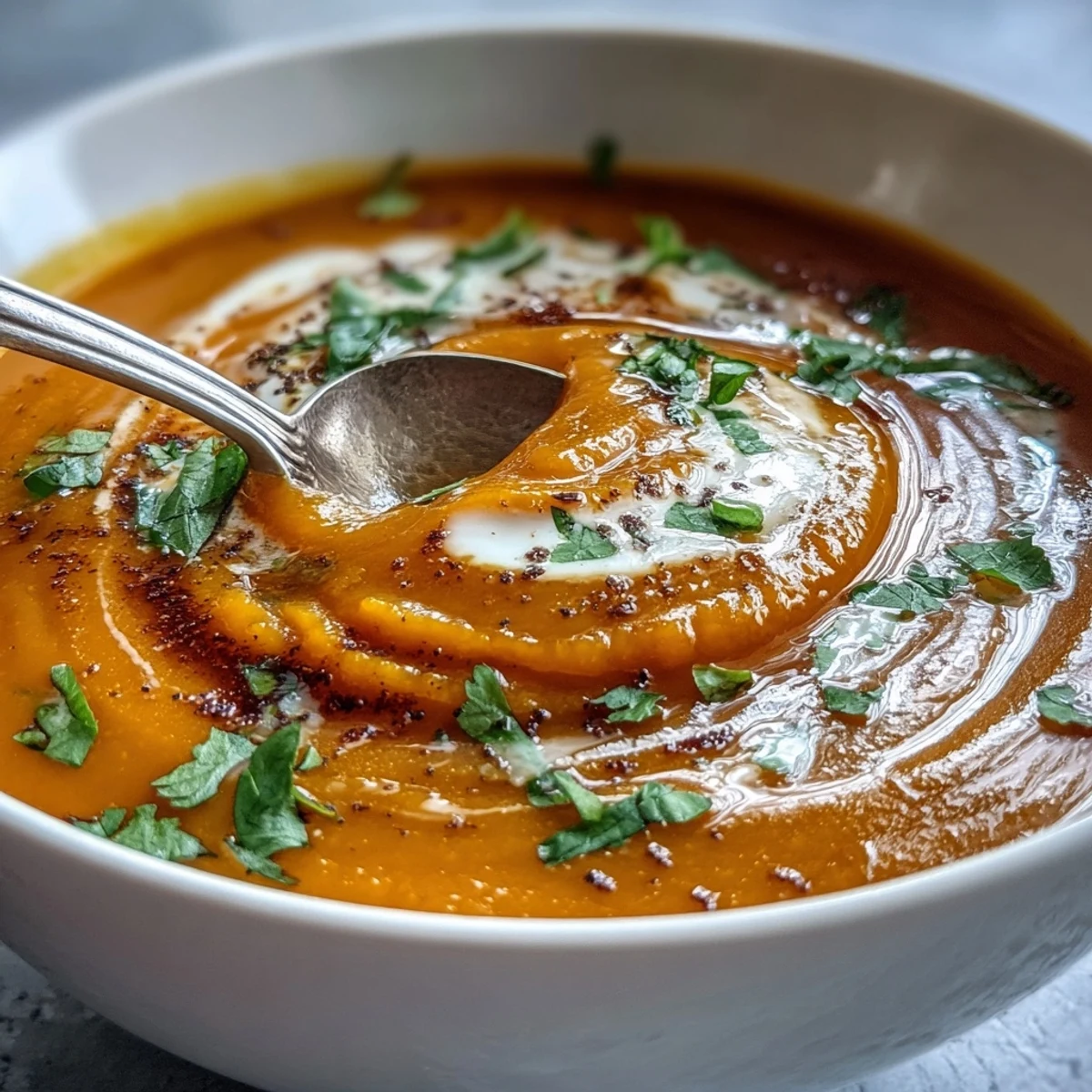 Smooth, velvety Carrot Ginger Soup in a rustic mug, highlighting the vibrant orange color and flecks of black pepper.