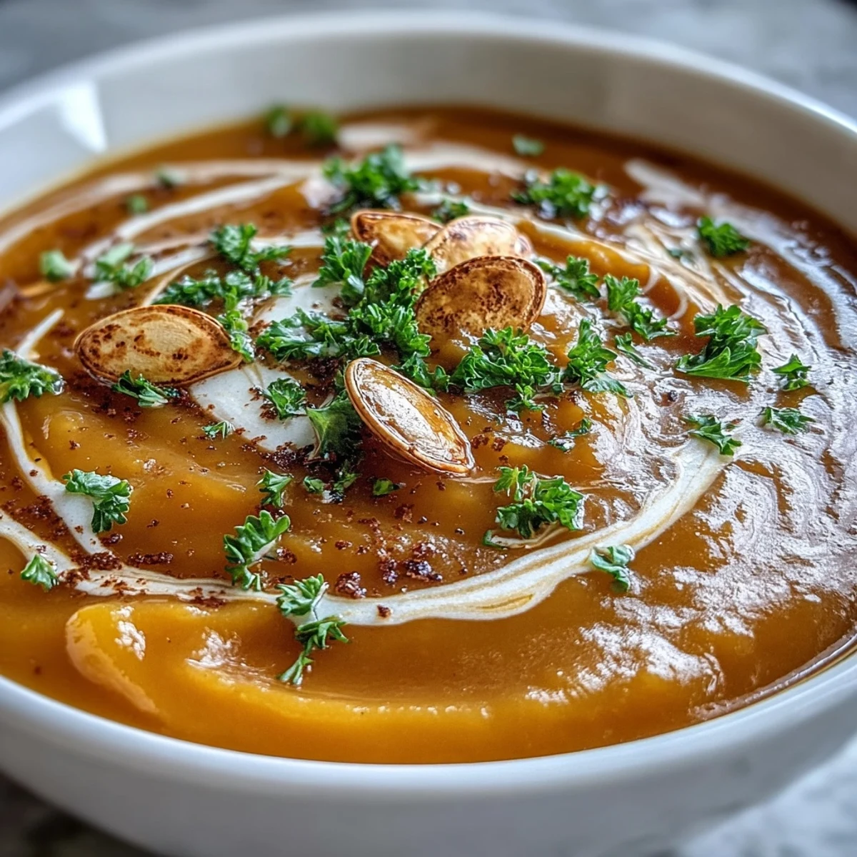 Warm bowl of homemade Butternut Squash and Apple Soup, perfect for a cozy autumn dinner with crusty bread on the side.