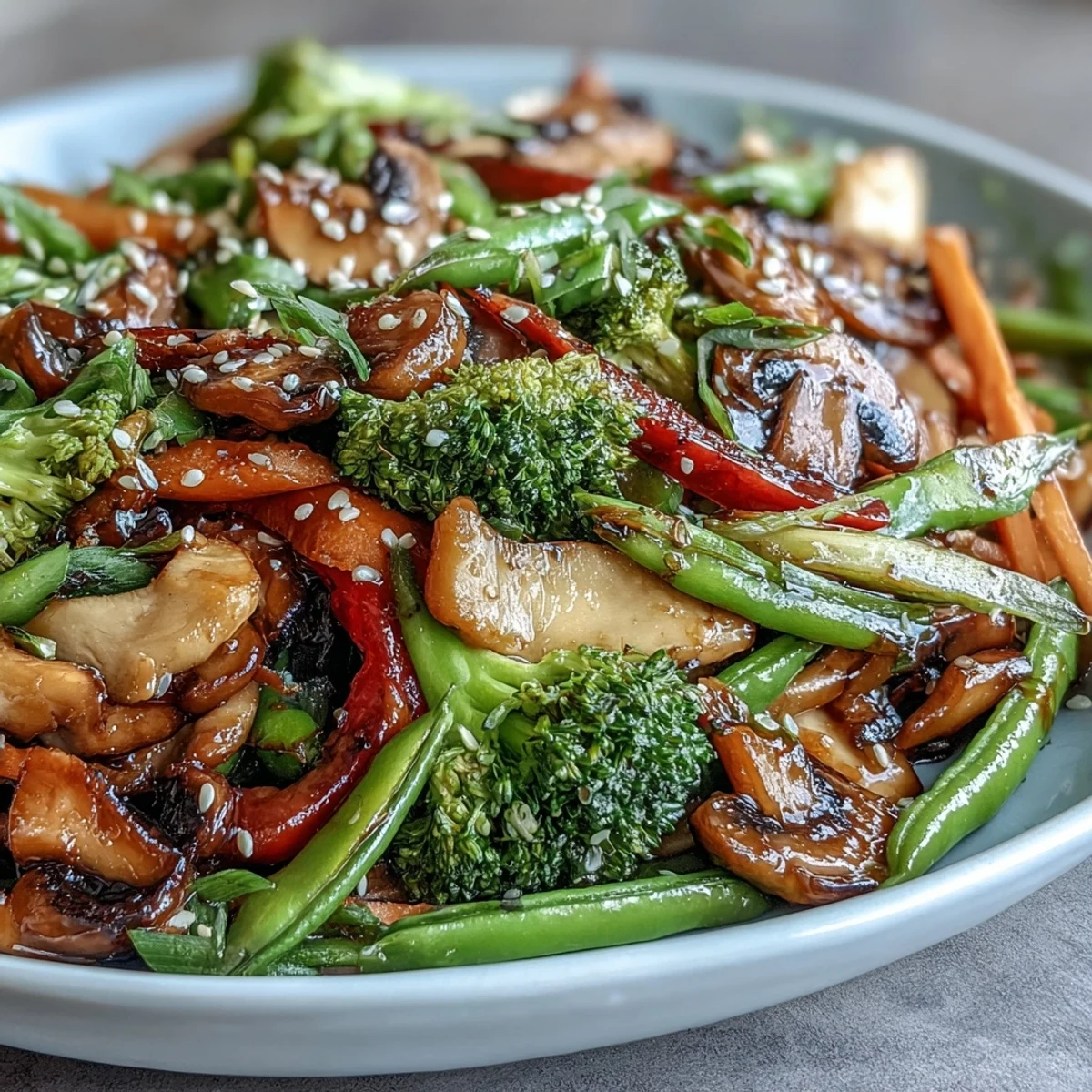 Colorful broccoli, carrots, and snap peas glisten with a fresh ginger soy glaze in this vibrant Ginger Stir-Fried Vegetables recipe, served hot and ready to enjoy.