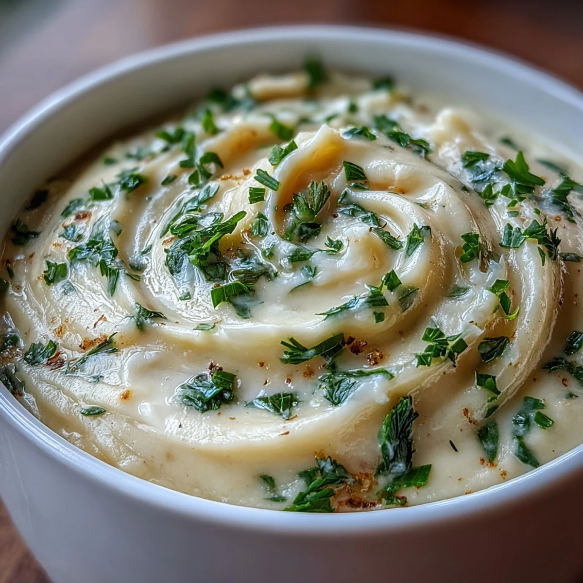 A bowl of creamy Parsnip and Herb Soup garnished with fresh chives and parsley, steam rising invitingly.