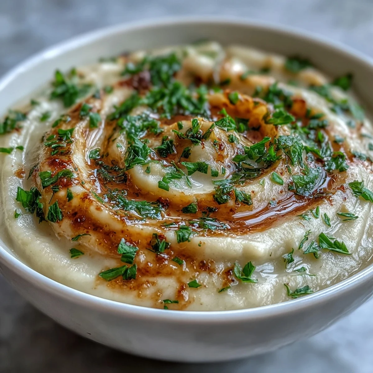 Close-up of velvety Parsnip and Herb Soup in a rustic bowl, topped with a drizzle of crème fraîche.