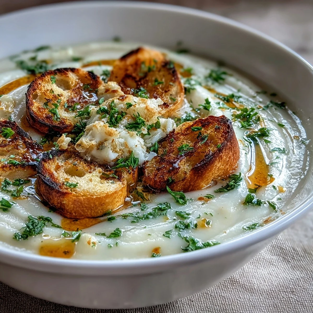 Creamy roasted garlic soup simmering in a pot, garnished with fresh parsley and croutons.  
