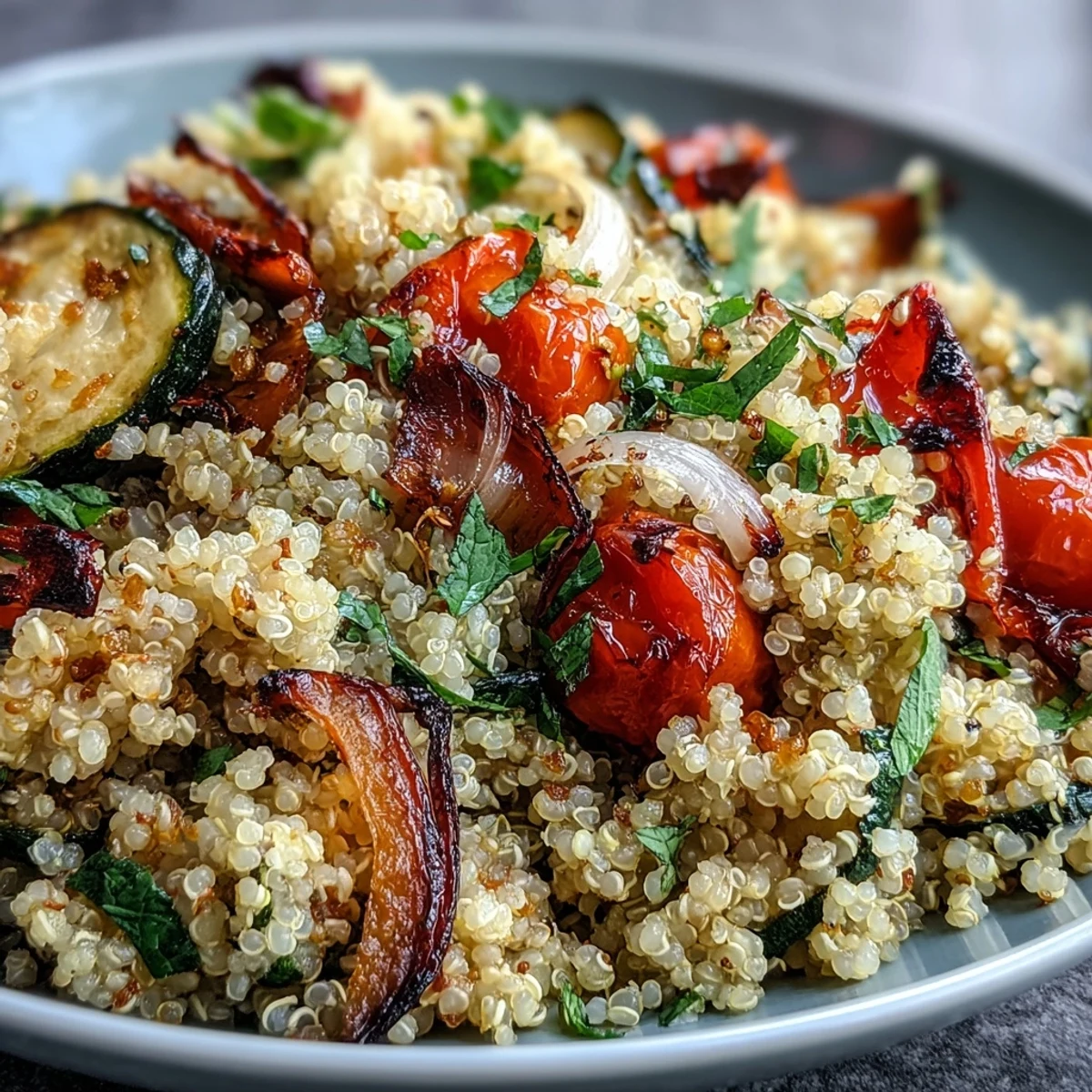 A vibrant bowl of Quinoa Vegetable Pilaf filled with roasted red bell pepper, zucchini, and cherry tomatoes, garnished with fresh parsley and lemon wedges.