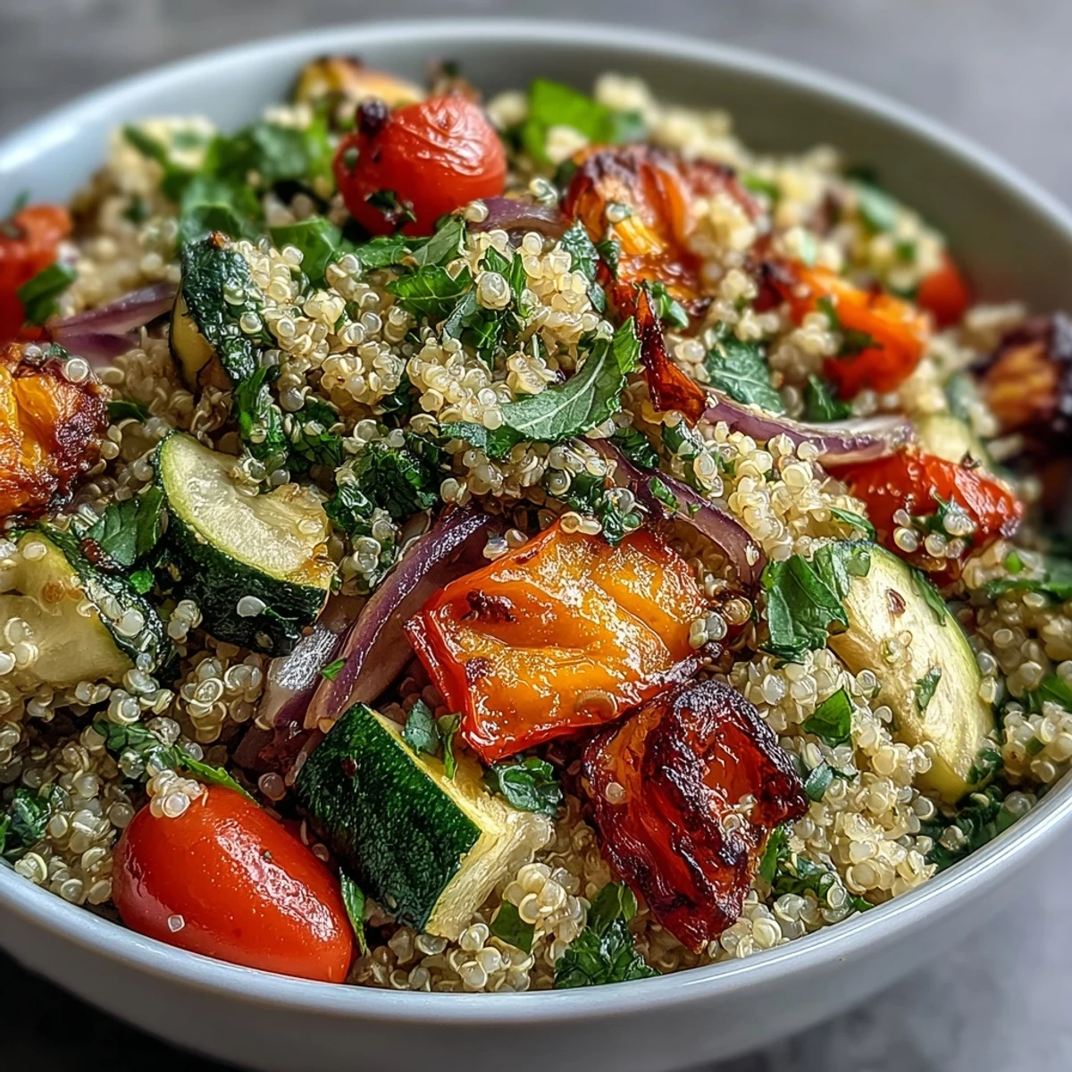 Close-up of Quinoa Vegetable Pilaf showing tender quinoa grains mixed with colorful seasonal vegetables and fresh mint, ready to be enjoyed at room temperature.