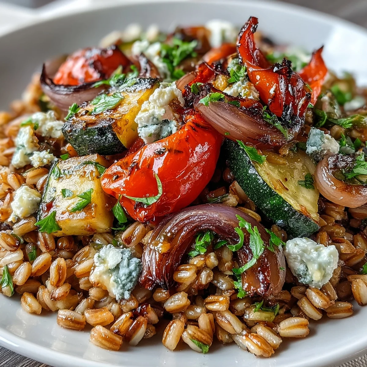 A warm bowl of Farro With Roasted Vegetables, featuring caramelized bell peppers and zucchini over chewy grains.