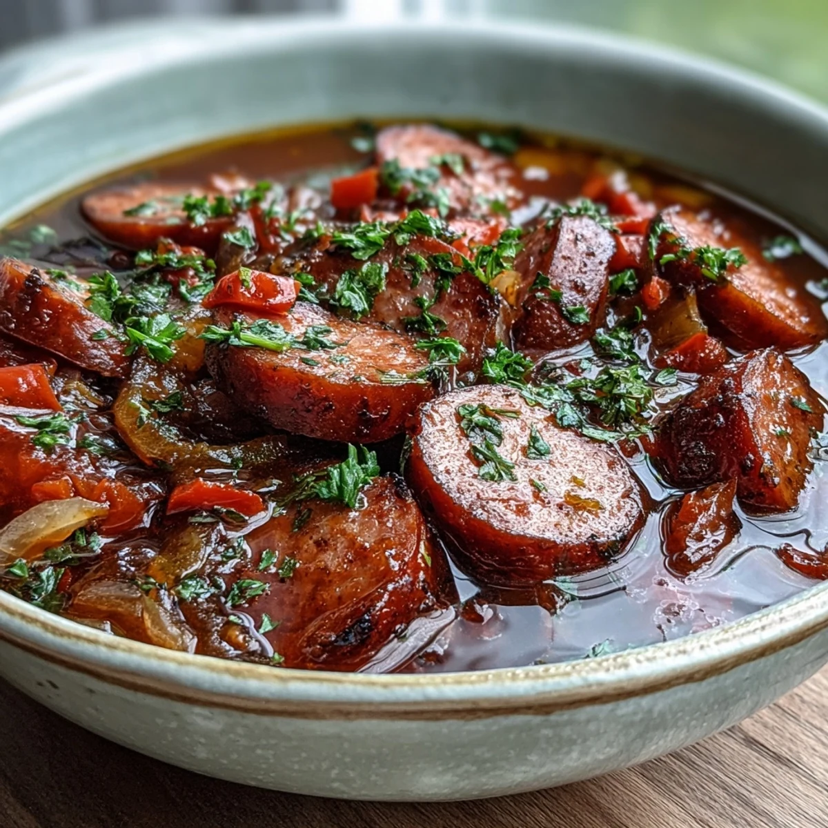 Steaming Crock Pot BBQ Cocktail Sausage Soup with tender sausages, peppers, and onions in a rich, tangy broth.