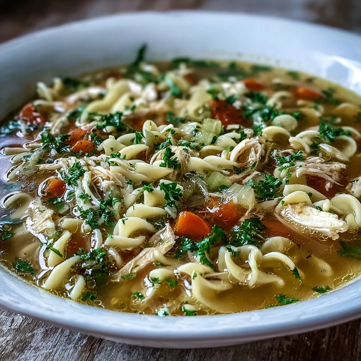 A close-up of a steaming bowl of Instant Pot Chicken Noodle Soup, garnished with fresh parsley, perfect for a cold day.