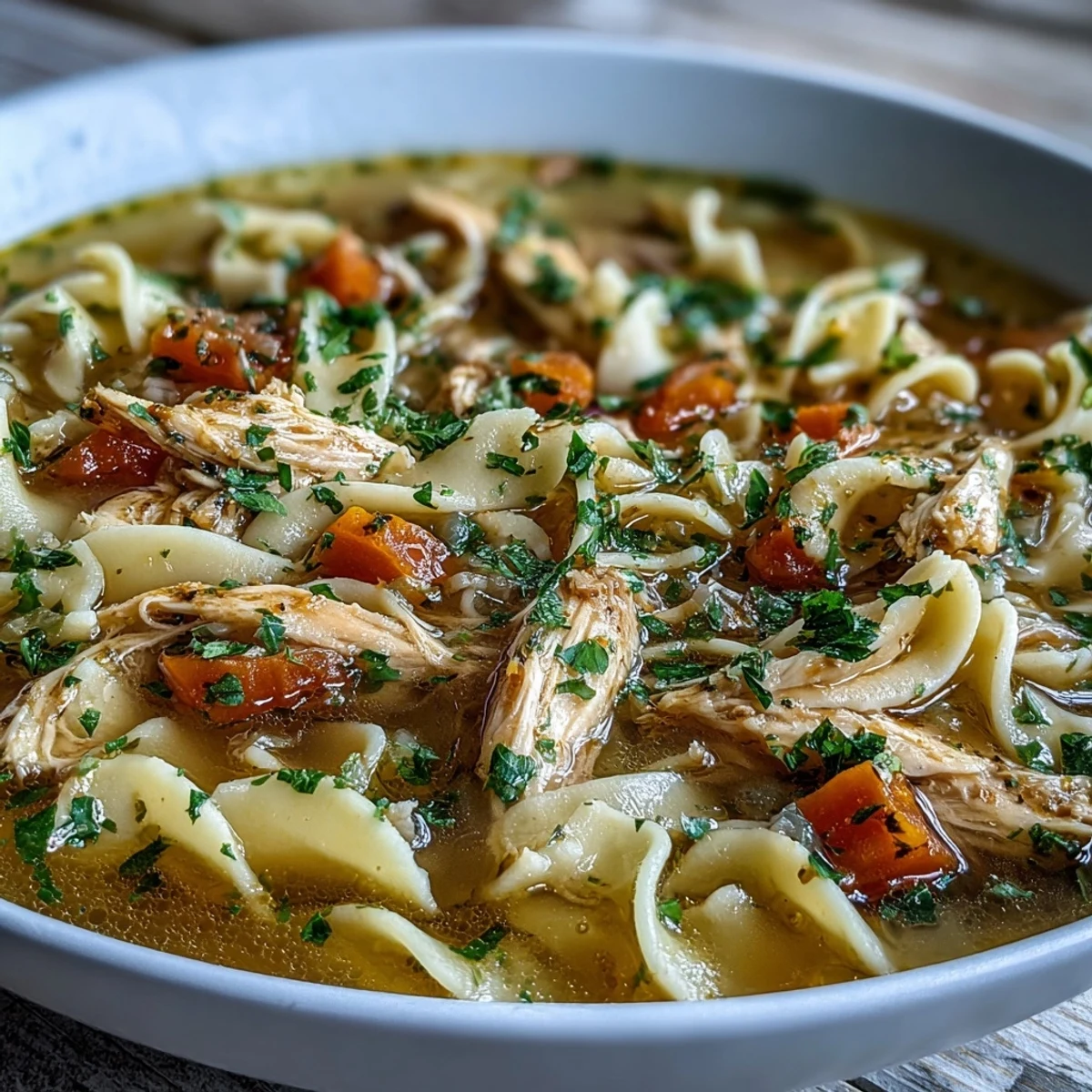 Healthy shredded chicken and vibrant vegetables in a rich broth highlight this easy, family-friendly Instant Pot Chicken Noodle Soup.
