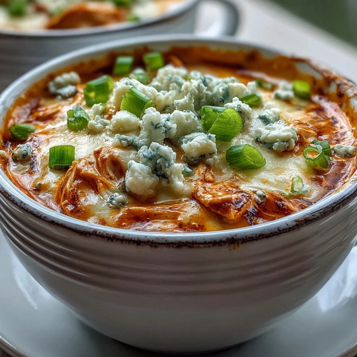 A steaming bowl of Crock Pot Buffalo Chicken Dip Soup, with tender shredded chicken and melty cheddar cheese in a creamy, spicy broth.  