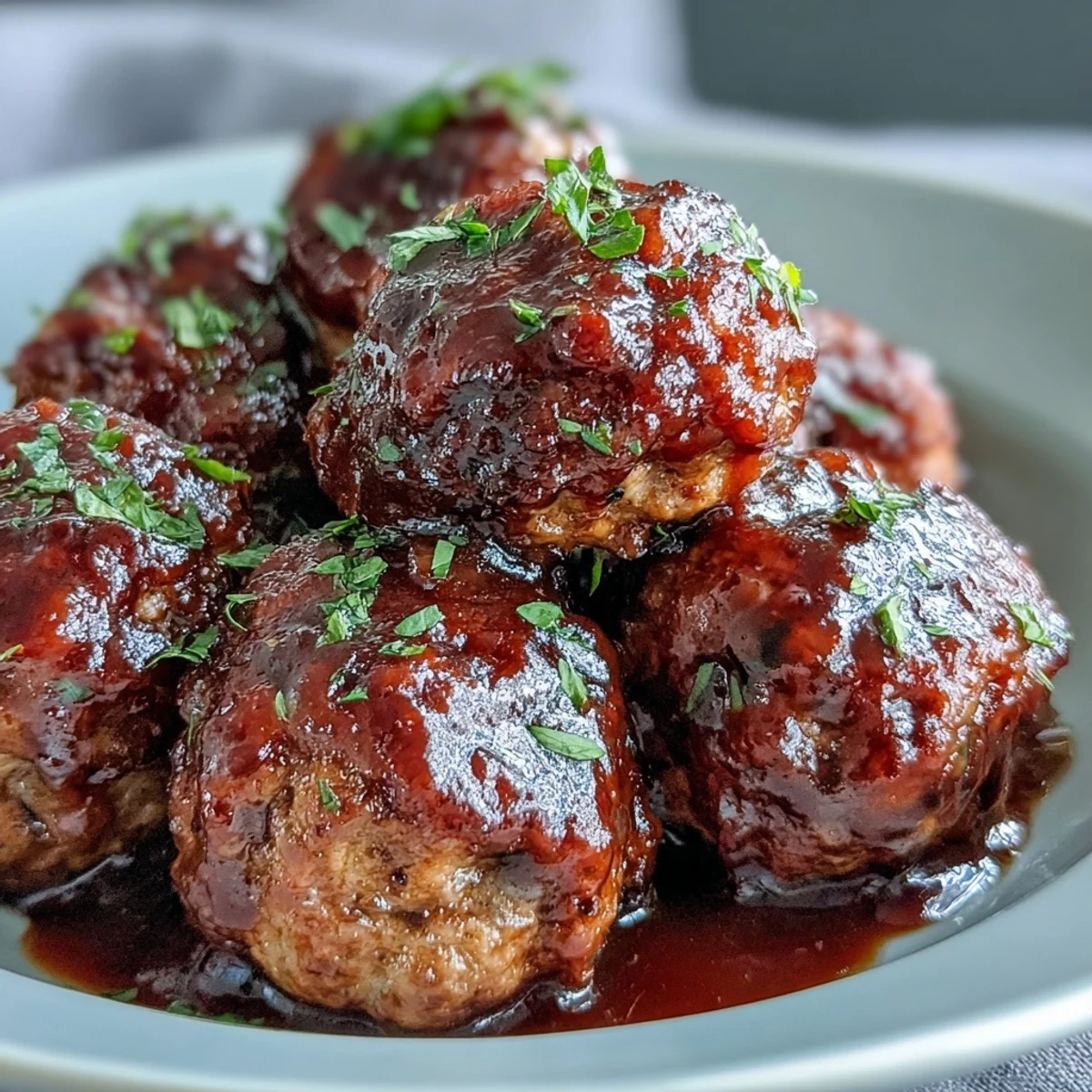 Tender Slow Cooker Peach Glazed Meatballs simmering in a sweet and tangy sauce in the slow cooker.