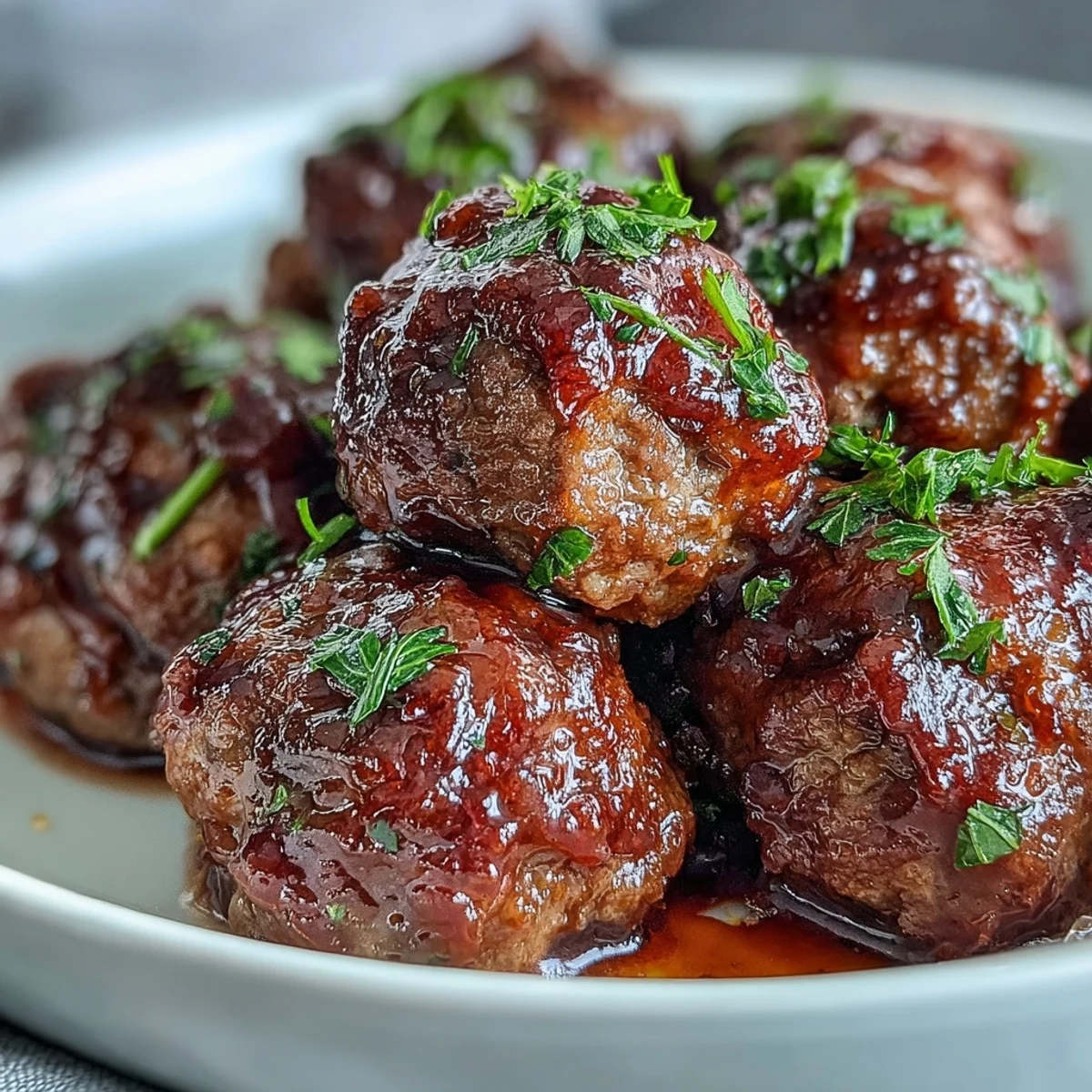 Slow Cooker Peach Glazed Meatballs plated over steamed rice, garnished with fresh parsley for a main dish.