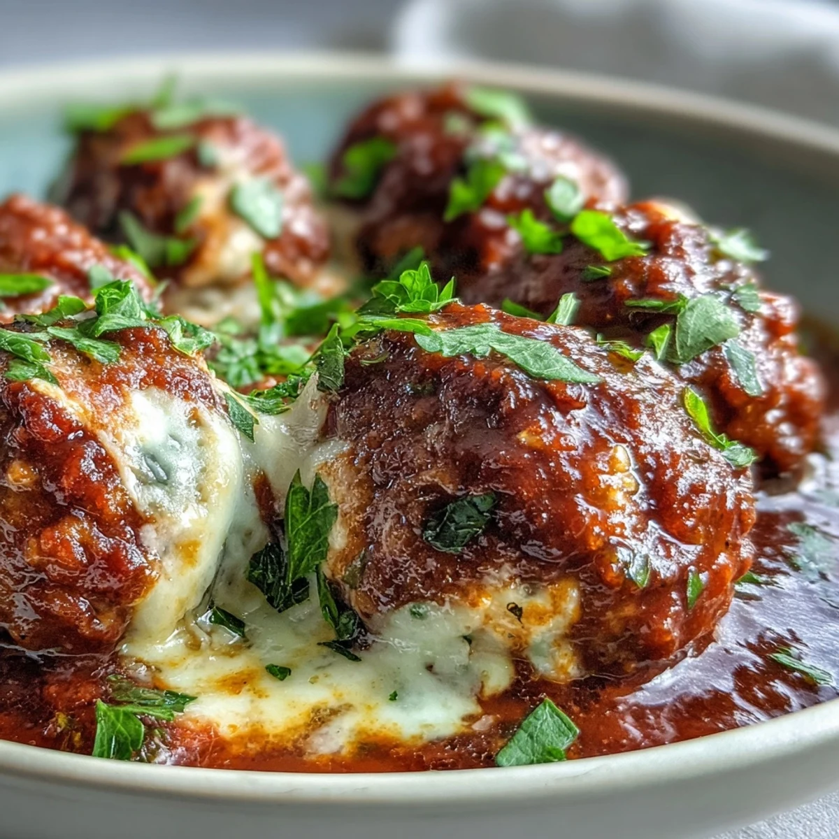 Close-up of Cheesy, Garlicky Meatballs With Marinara glistening on a spoon above a steaming skillet.