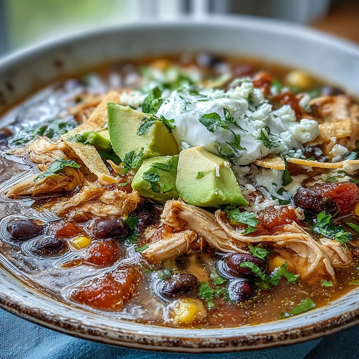 Instant Pot Chicken Tortilla Soup steaming in a bowl, topped with avocado, cilantro, and crispy tortilla strips. 