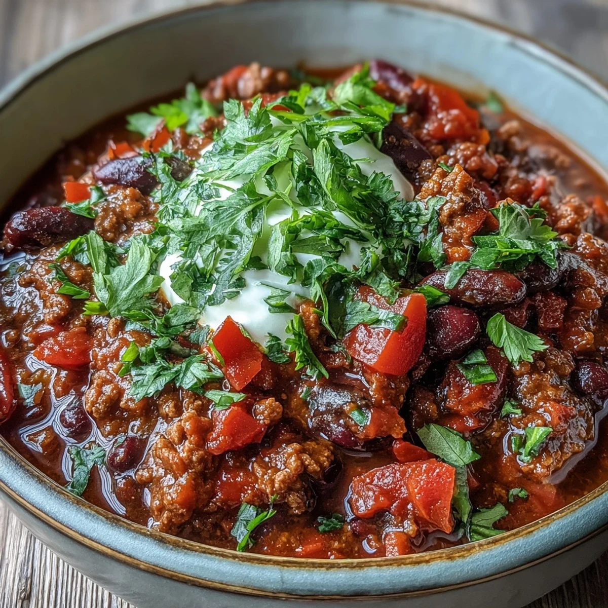 A steaming bowl of Slow Cooker Chili brimming with ground beef, kidney beans, and rich tomatoes, topped with melted cheese and green onions.