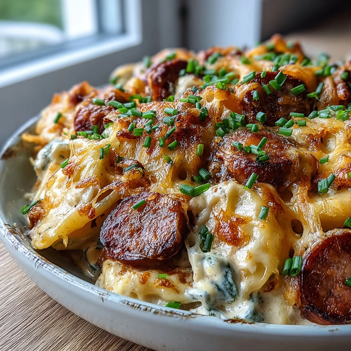 Slow cooker Crockpot Pierogi Casserole With Kielbasa bubbling with cheddar and creamy sauce.