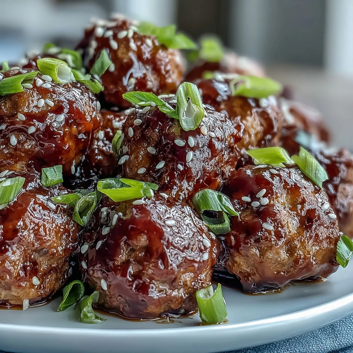 Slow cooker sweet and sour meatballs garnished with green onions and sesame seeds for a party dish.