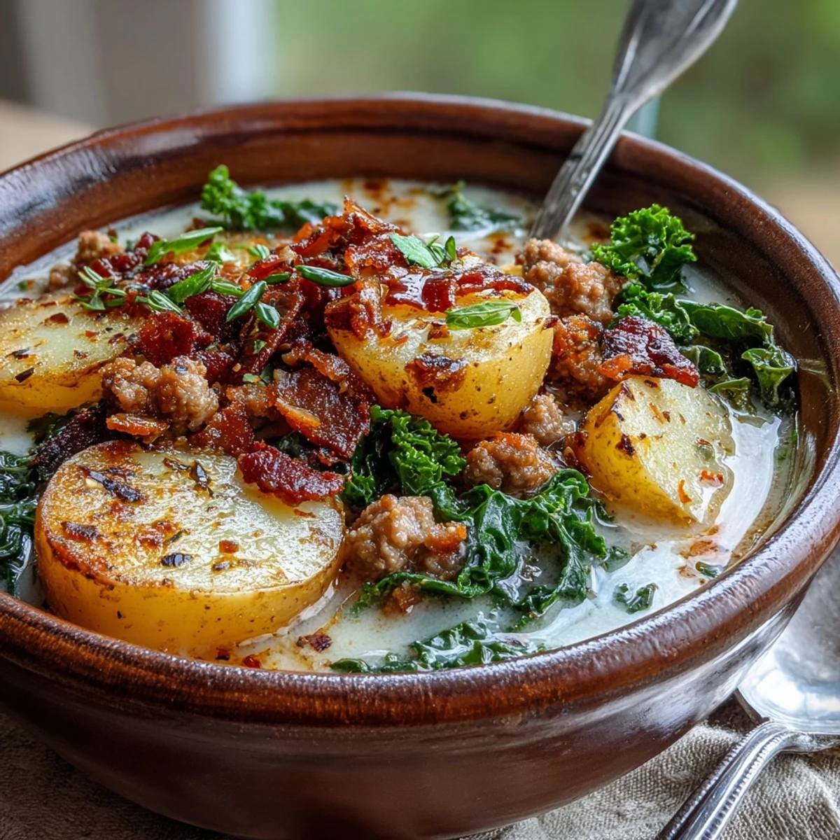 Ladle of creamy Italian Sausage Soup with kale and potatoes next to crisp bacon and crusty bread.