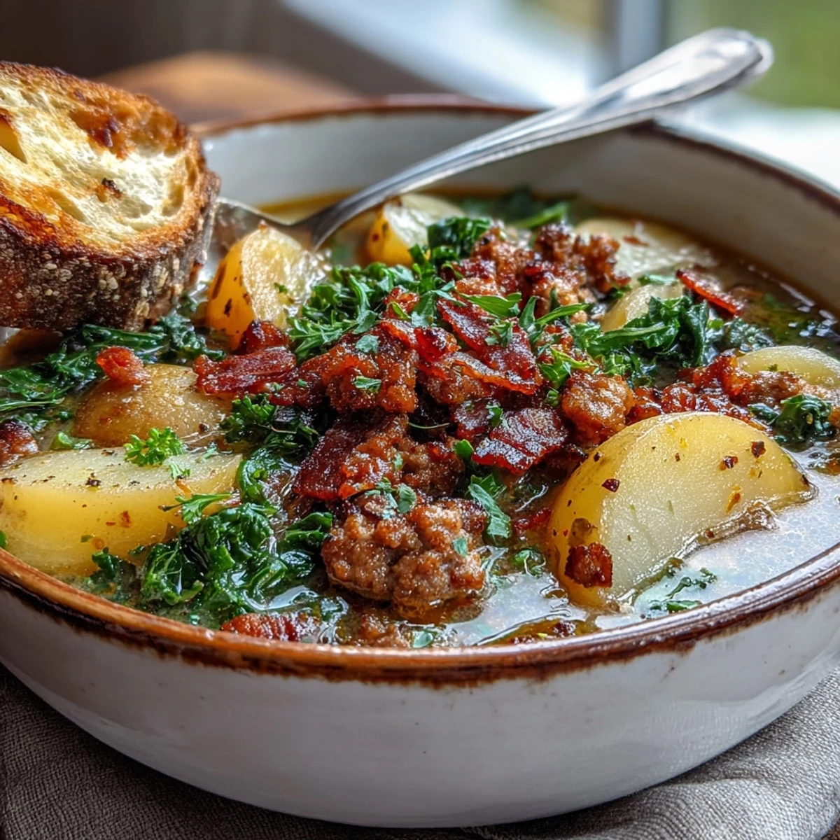 A warm bowl of Italian Sausage Soup featuring kale, tender potatoes, and a swirl of heavy cream.