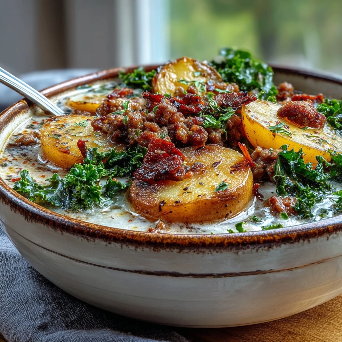 Savory Italian Sausage Soup served with a sprinkle of Parmesan cheese and red pepper flakes on top.