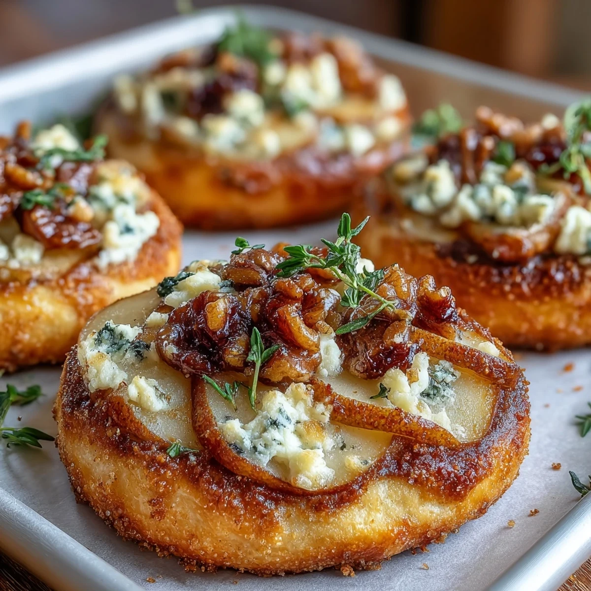 Twelve golden, crisp mini pizzas topped with sweet pear slices, crumbled Gorgonzola, and tangy pickled walnuts.