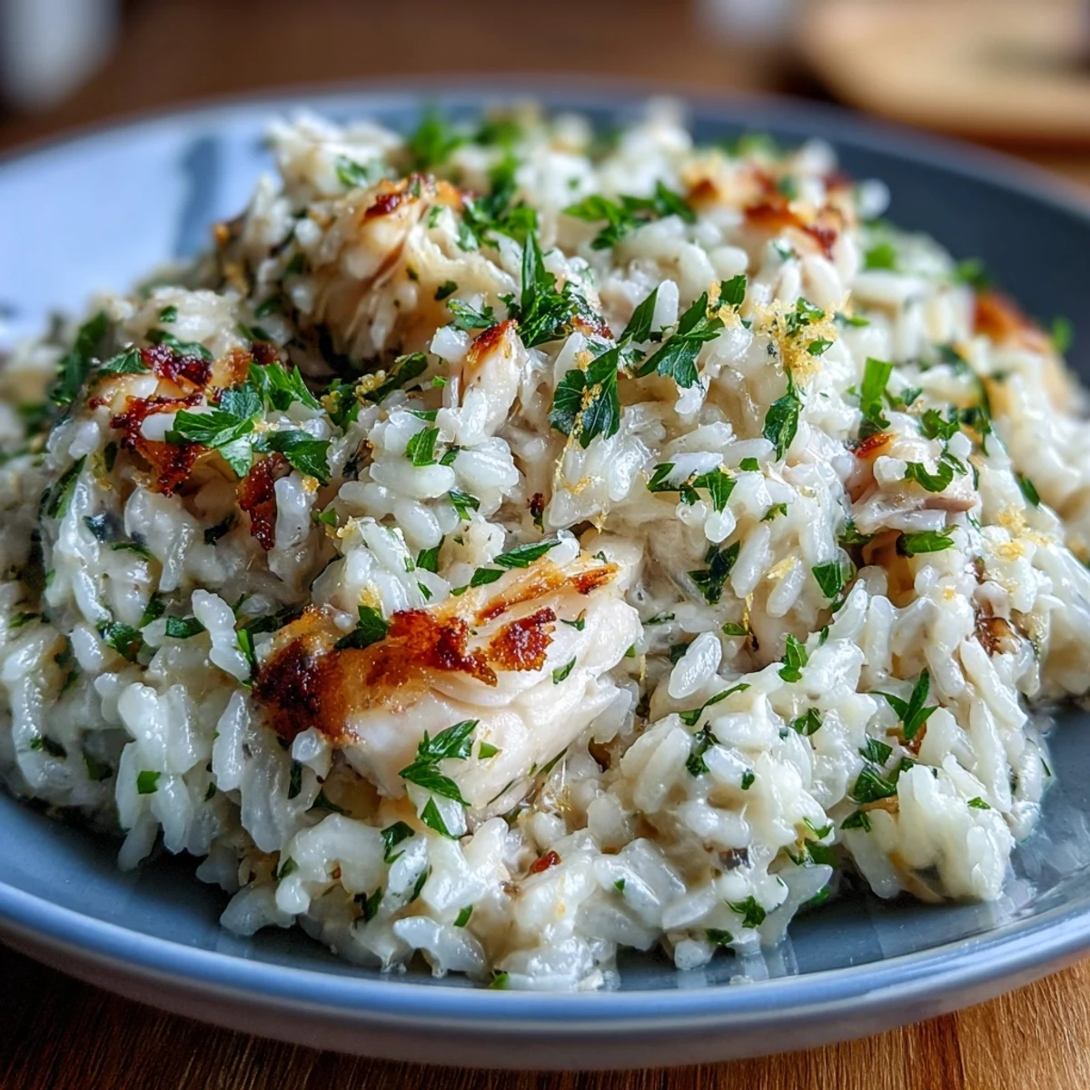 Golden Smoked Haddock Risotto in a skillet, showing its rich, creamy texture and tender fish flakes.
