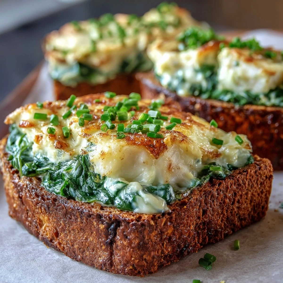 Golden, crisp rye toast topped with flaky smoked haddock and wilted spinach, drizzled with creamy crème fraîche for a savory breakfast.