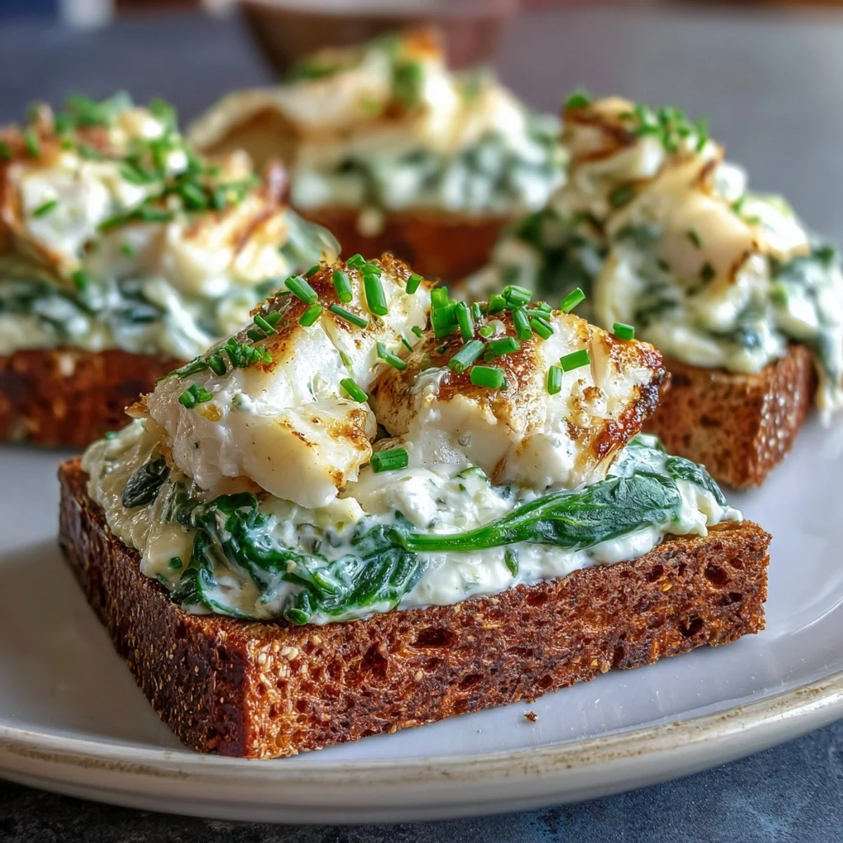 Flaky poached smoked haddock and tender spinach piled high on toasted rye bread, ready to enjoy for breakfast.
